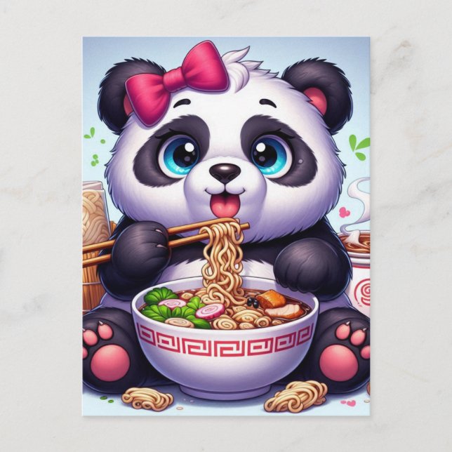 Cartão Postal Kawaii Panda Bear Comendo Ramen (Frente)