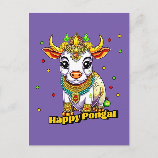 Cartão Postal Kawaii Pongal - Vaca Decorada (Frente)