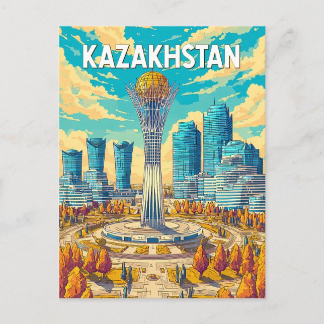 Cartão Postal Kazakhstan Illustration Travel Art Vintage (Frente)
