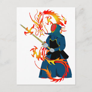 Cartão Postal Kendo Swordsman e Dragão de Fogo