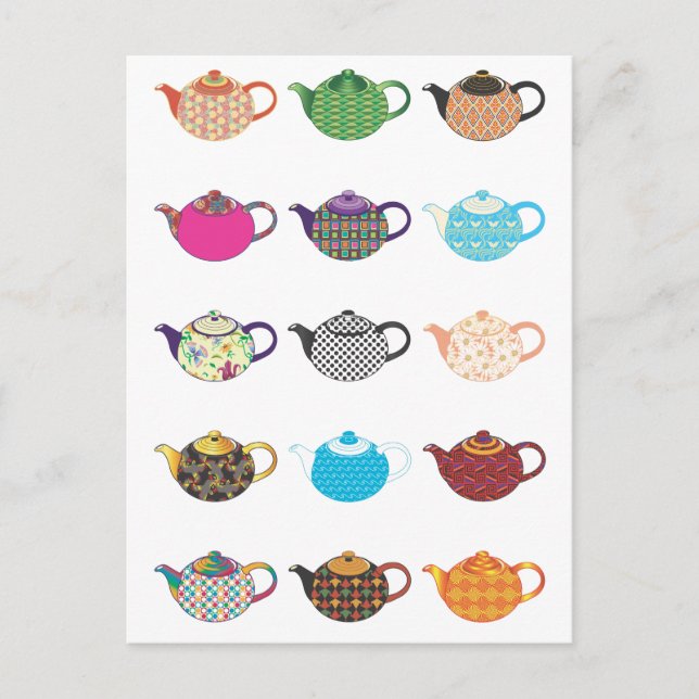 Cartão Postal Kettles de chá multicoloridos (Frente)