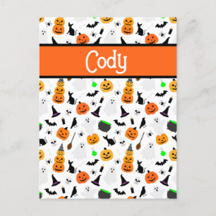 Cartão Postal Kid Halloween Ghost Pumpkin Black Cat Personalize