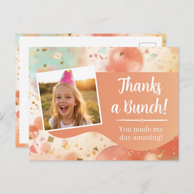 Cartão Postal Kids Birthday Photo Thanks a Bunch Pastel Confetti (Frente/Verso)