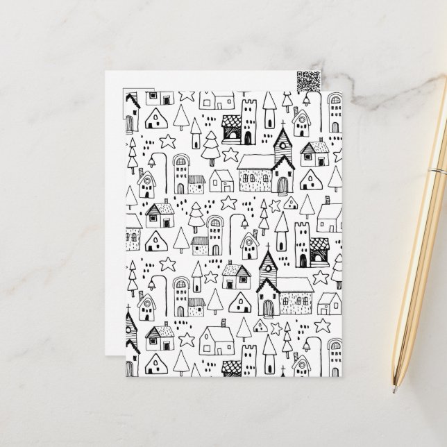 Cartão Postal Kids Xmas Village Whimical Black & White Invite (Frente/Verso In Situ)