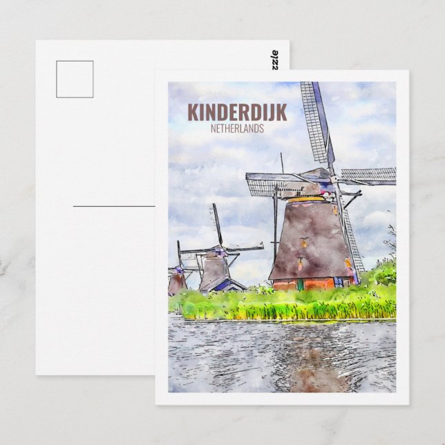Cartão Postal Kinderdijk Países Baixos Viagem Watercolor Sketch (Frente/Verso)