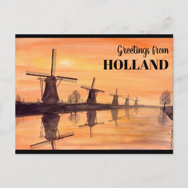 Cartão Postal Kinderdijk Windmills Sunset - Watercolor Painting (Frente)