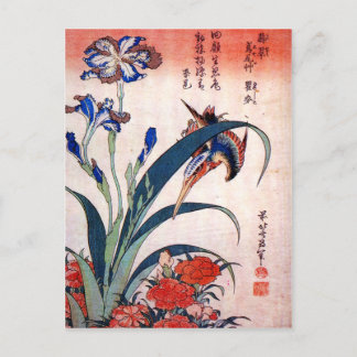 Cartão Postal Kingfisher com Irrises e Pinks Selvagens, Hokusai