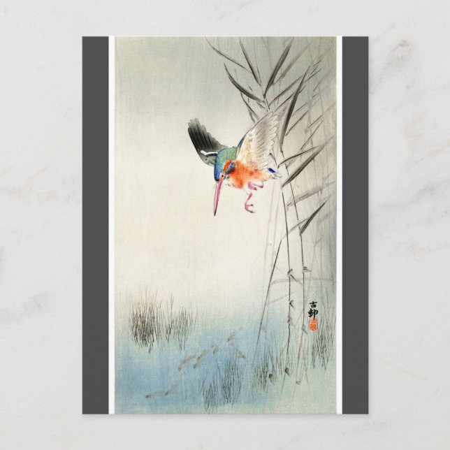 Cartão Postal Kingfisher Hunting - Ohara Koson - carvão vegetal (Frente)