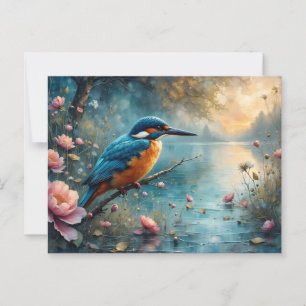 Cartão Postal Kingfisher permeado sobre flores rosa-d'água