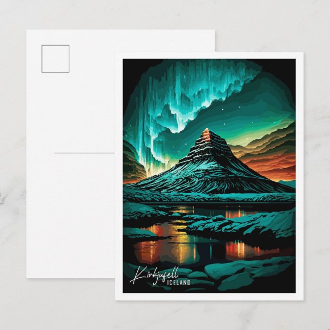 Cartão Postal Kirkjufell Islândia Arte Ilustração de viagem vint (Frente/Verso)
