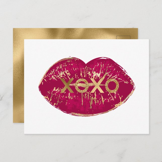 Cartão Postal Kiss Red Lábios Dourado Glitter XOXO (Frente/Verso)