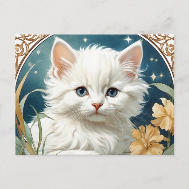 Cartão Postal Kit de Arte Nouveau de Alphonse Mucha com Gatito (Frente)