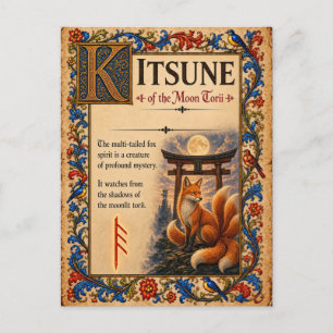 Cartão Postal Kitsune, Arte de Bestiário Medieval