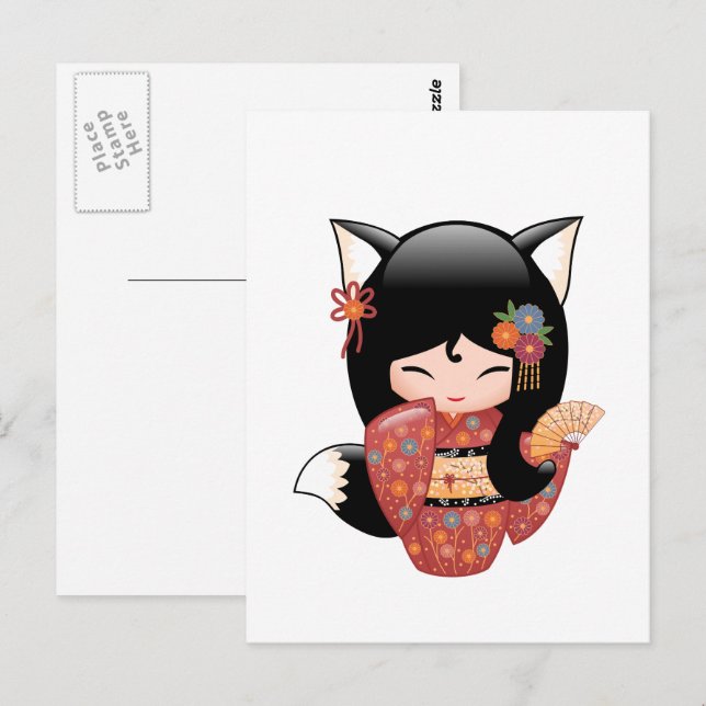 Cartão Postal Kitsune Kokeshi Doll - Rapariga Negra Fox Geisha (Frente/Verso)