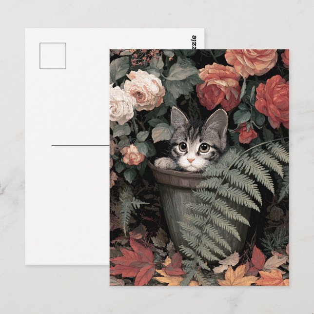 Cartão Postal Kitten Adorável num Pote Flor (Frente/Verso)