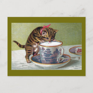Cartão Postal Kitten Bebendo do Teacup Victorian