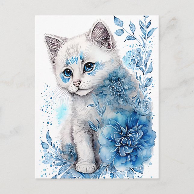 Cartão Postal Kitten Branco e Azul com Flores (Frente)