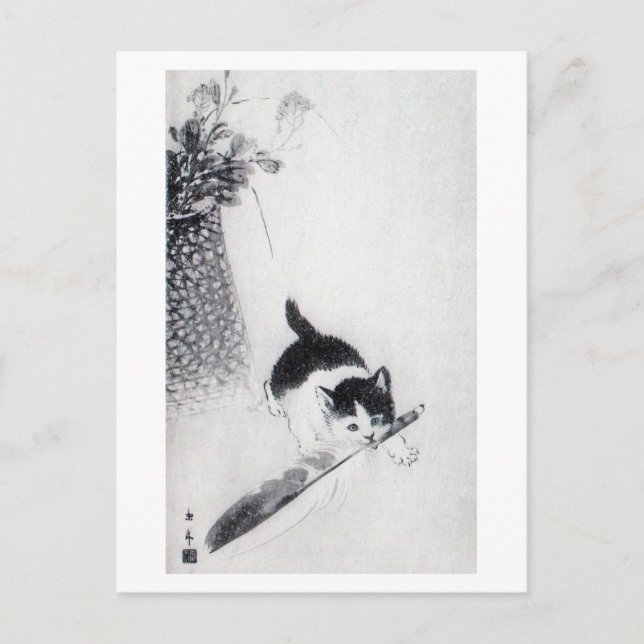 Cartão Postal Kitten com Feather, Imao Keinen (Frente)