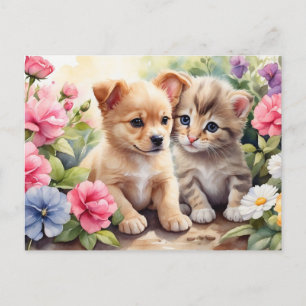 Cartão Postal Kitten e Puppy no Jardim Flor