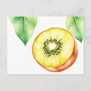 Cartão Postal Kiwi Suculento em Aquarela sobre Fundo Branco