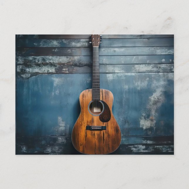 Cartão Postal Klassische Gitarre an blauer rustikaler Holzwand (Frente)