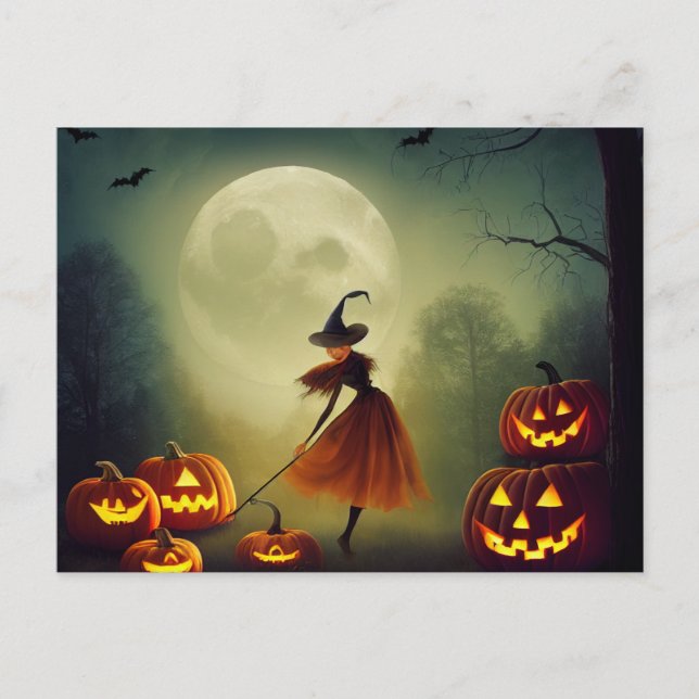 Cartão Postal Kleine Hexe tanzt zwischen Halloween Kürbissen (Frente)