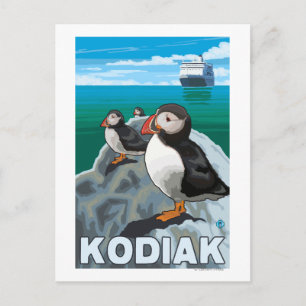 Cartão Postal Kodiak, Alaska Puffins e navio de cruzeiro do Alas
