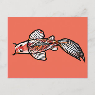 Cartão Postal Koi Pond Art Kois Fish Design Red Calico Koi