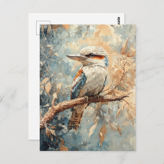 Cartão Postal Kookaburra numa Aquarela Árvore (Frente/Verso)