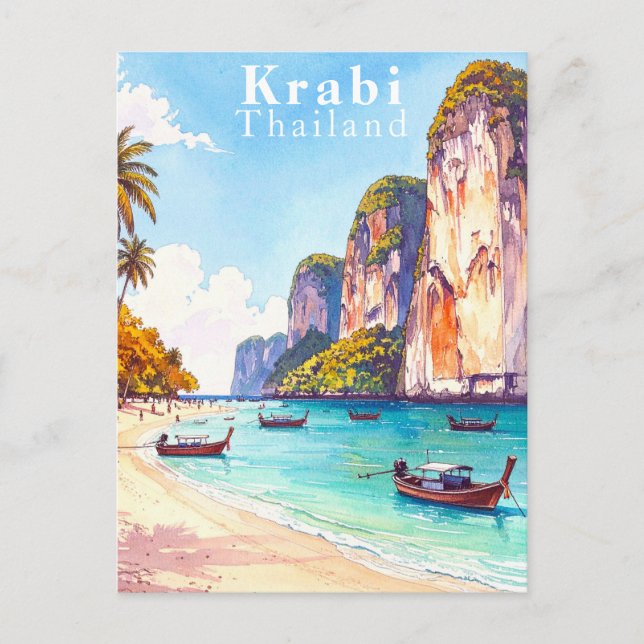 Cartão Postal Krabi Tailândia Clássico Penhascos e Barcos Longta (Frente)