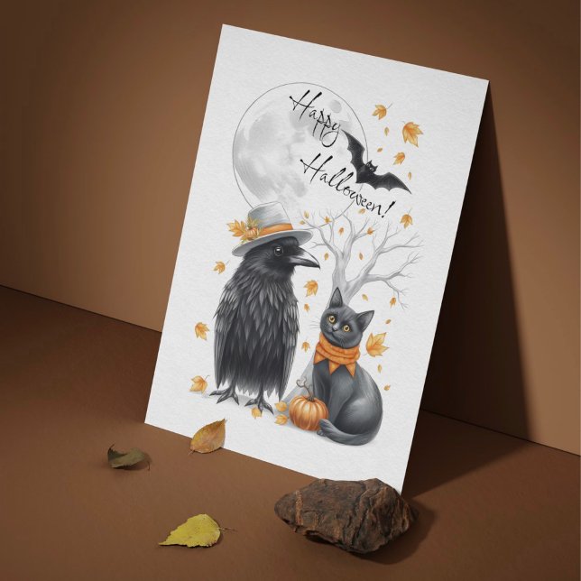 Cartão Postal Krähe & Katze Herbst Halloween Karte Postkarte (Criador carregado)