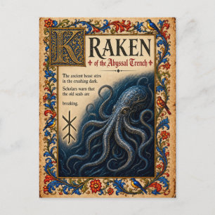 Cartão Postal Kraken, Arte de Bestiário Medieval
