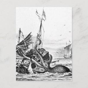 Cartão Postal Kraken/Octopus Comendo Um Navio Pirata, Preto/Bran