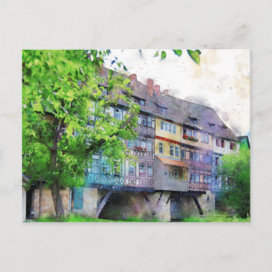 Cartão Postal Krämerbrücke em Erfurt. Casas de enxaimel sobre a