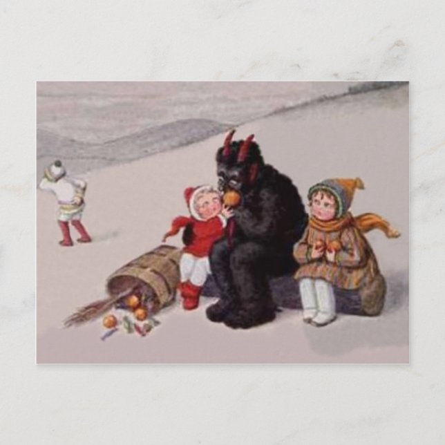 Cartão Postal Krampus Brincando Com Crianças Neve (Frente)