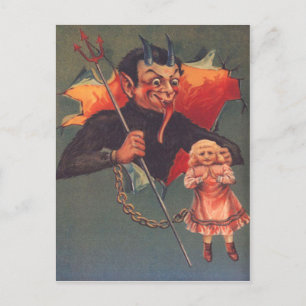 Cartão Postal Krampus Com Garota e Forcado