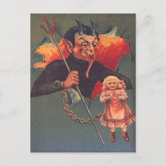 Cartão Postal Krampus Com Garota e Forcado (Frente)