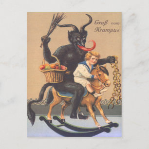 Cartão Postal Krampus montando um hobbyhorse com menino