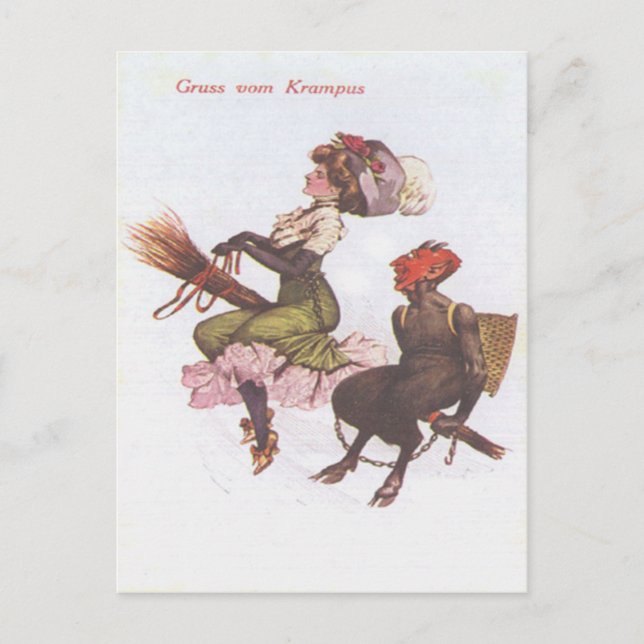 Cartão Postal Krampus na vassoura com mulher (Frente)