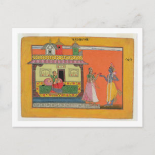 Cartão Postal Krishna chegando à casa de Radha, ilustração para