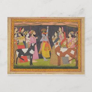 Cartão Postal Krishna levantando o Monte Govardhana, do 'Bhagav