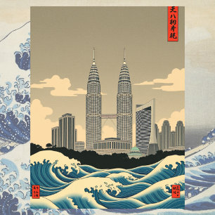 Cartão Postal Kuala Lumpur Estilo de Onda Vintage do Japão Skyli