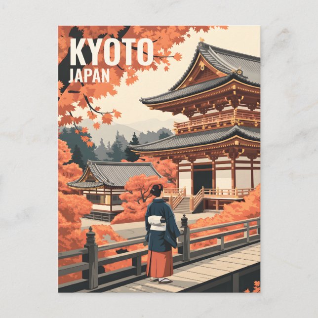 Cartão Postal Kyoto Japan Travel Autumn Temple Retro Personalize (Frente)