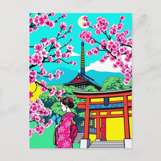 Cartão Postal Kyoto, Japão Cherry Blossom Geisha Art Viagem (Frente)