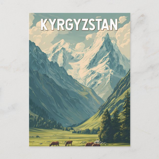 Cartão Postal Kyrgyzstan Illustration Travel Art Vintage (Frente)