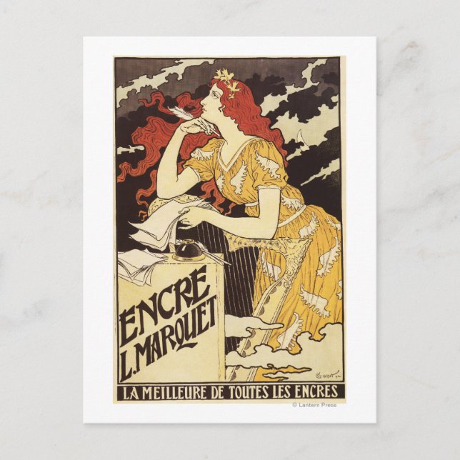 Cartão Postal L. Marquet Ink, Mulher de Cabeça Vermelha e Harp (Frente)