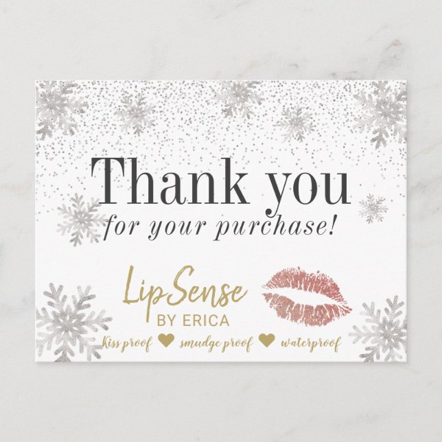 Cartão Postal Lábios Dourados LipSense Flocos de Neve Obrigado (Frente)