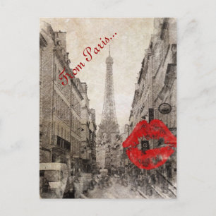 Cartão Postal lábios vermelhos românticos Beijo Eu adoro torre