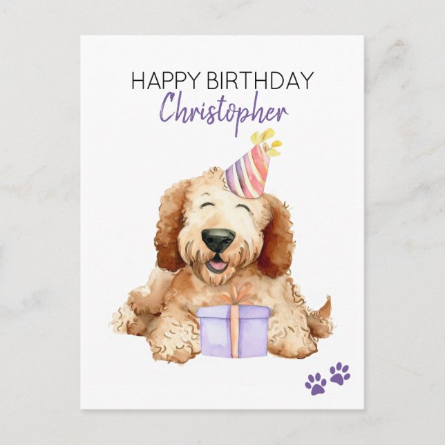 Cartão Postal Labradoodle Cachorro Personalizado Feliz Aniversár (Frente)