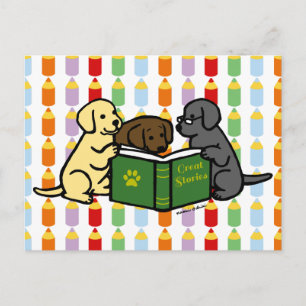 Cartão Postal Labrador Puppies Lendo Cartoon